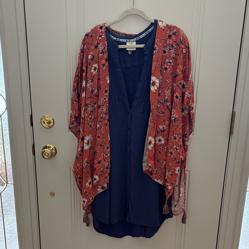 Knox Rose Blue Textured Sleeveless Dress with coordinated floral print kaftan